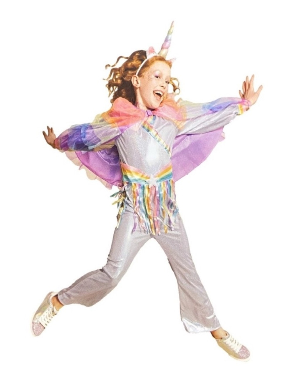 Rainbow Rockstar Unicorn Costume girls Size Medium - Silver 3 pc Jumpsuit Cape